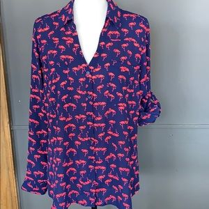 Button down satin navy blue with flamingo print